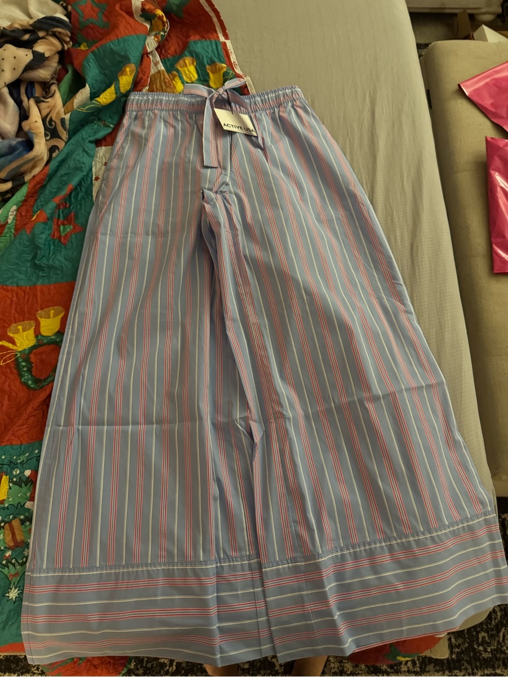 Wide-Leg Striped Cotton Blend pants - Light Blue & Pink Active USA